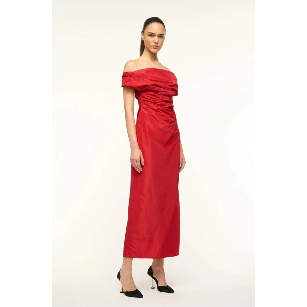 STAUD Andrea Dress Rouge Red Size 2 Off‑Shoulder Taffeta Midi - NWT